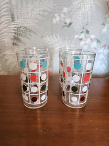 Mid-Century Spotted Glass Tumblers, Set of 4 Retro MCM, Red, Teal, Black, White dots