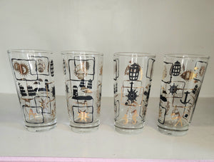 Vintage Nautical Drinking Glasses /1960s/Set Of Six/ Fish/Lighthouse/Shells/ Black And Gold/MCM