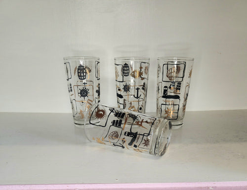 Vintage Nautical Drinking Glasses /1960s/Set Of Six/ Fish/Lighthouse/Shells/ Black And Gold/MCM