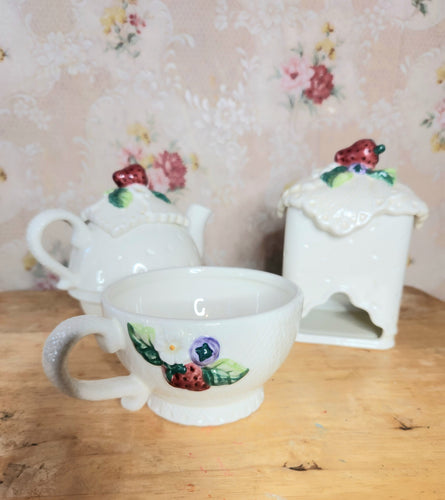 Cottagecore White Strawberry Teapot and Teacup Tea Caddy Set 1980s/1990s