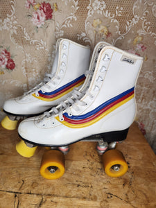 1970s Rainbow Roller Skates Ladies Size 7 Ganidas blue red and yellow roller derby vintage retro rollerskate