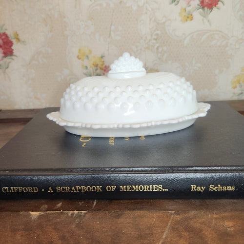 vintage Fenton Hobnail Milk Glass Oval Butter Dish with a Crown Top Lid. 