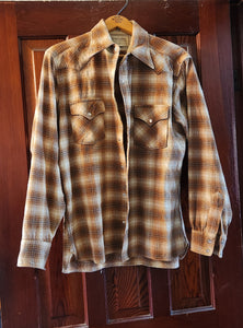 vintage mens brown plaid wool pearl snap shirt western
