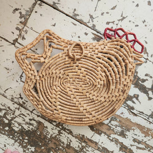 Boho woven raffia chicken trivet wall hanging vintage 1970s